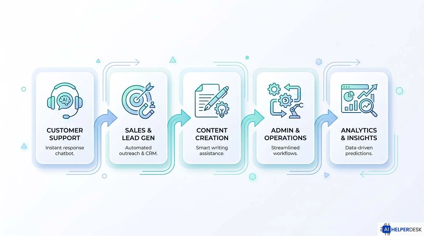 Five high-impact use cases of AI agents for small businesses illustrated as icons