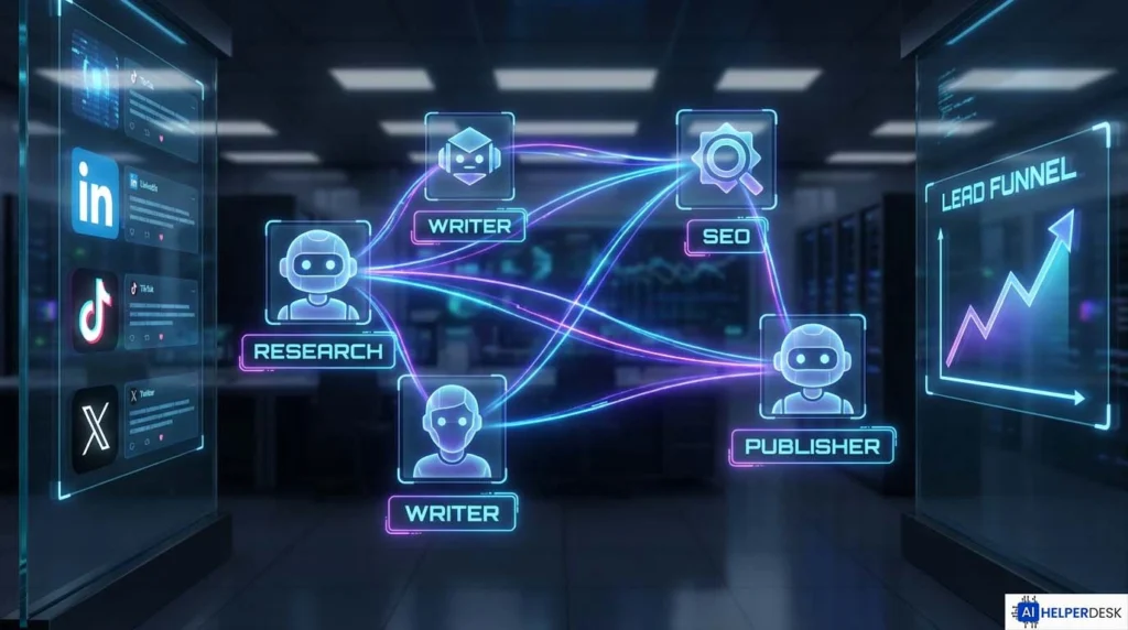 Multi-agent systems for social media automation showing AI agents coordinating content creation and lead generation