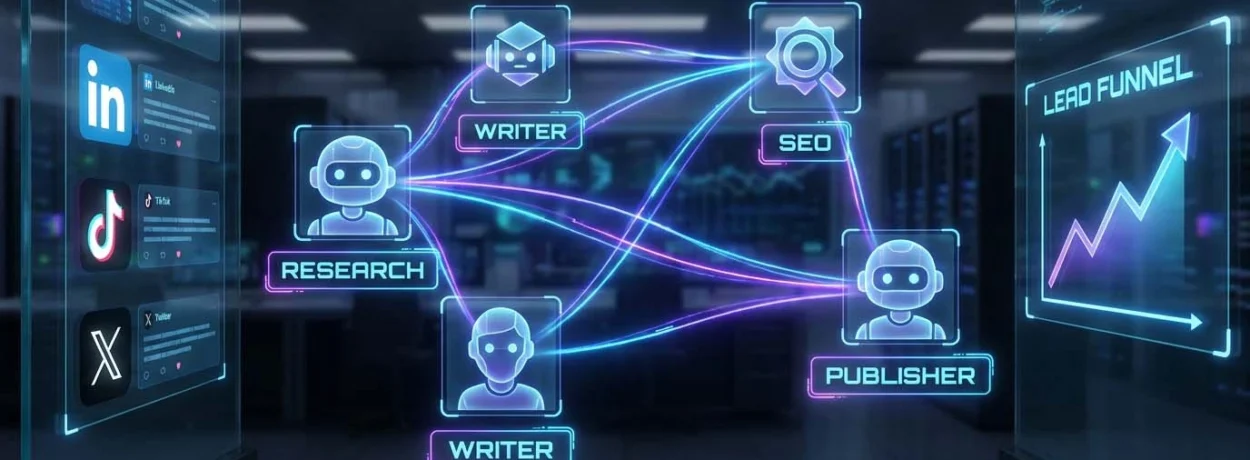 Multi-agent systems for social media automation showing AI agents coordinating content creation and lead generation