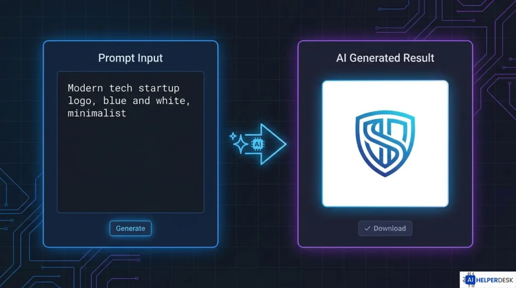 AI logo generator SaaS tool showing prompt input and generated logo output
