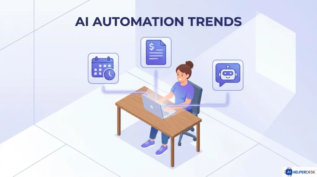 small business owner using AI automation trends to manage workflows