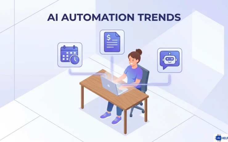 small business owner using AI automation trends to manage workflows